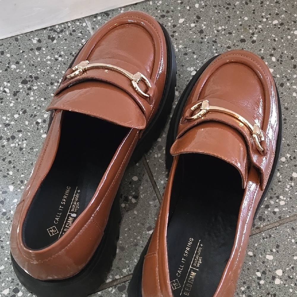Call It Spring Brown Patent Chunky Loafers with Gold Bit - Picture 6 of 6